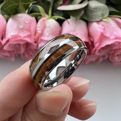 Whiskey Enchantment Ring - 8mm Platinum-Plated Tungsten Men's Ring with Double Groove Whiskey Barrel Wood Inlay – Unique Wedding Band