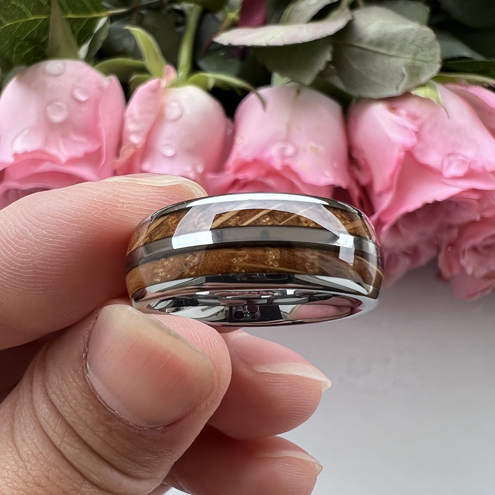 Whiskey Enchantment Ring - 8mm Platinum-Plated Tungsten Men's Ring with Double Groove Whiskey Barrel Wood Inlay – Unique Wedding Band