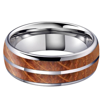 Whiskey Enchantment Ring - 8mm Platinum-Plated Tungsten Men's Ring with Double Groove Whiskey Barrel Wood Inlay – Unique Wedding Band