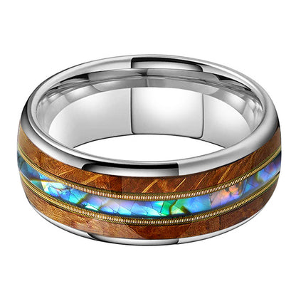 Musical Soul Ring - 8mm Platinum-Plated Tungsten Ring with Guitar Wood Inlay, Dual Strings & Shell Inlay – Men's Wedding Band