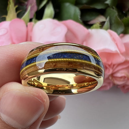 Musical Soul Ring - 8mm 18K Gold Tungsten Ring with Guitar Wood Inlay, Dual Strings & Lapis Lazuli – Men's Wedding Band