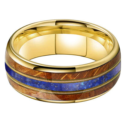 Musical Soul Ring - 8mm 18K Gold Tungsten Ring with Guitar Wood Inlay, Dual Strings & Lapis Lazuli – Men's Wedding Band