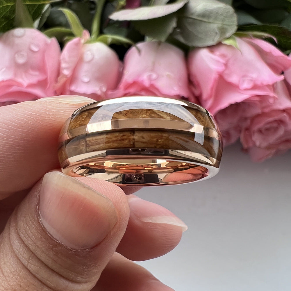 Whiskey Enchantment Ring - 8mm Rose Gold-Plated Tungsten Men's Ring with Dual Whiskey Barrel Wood Inlay – Unique Wedding Band