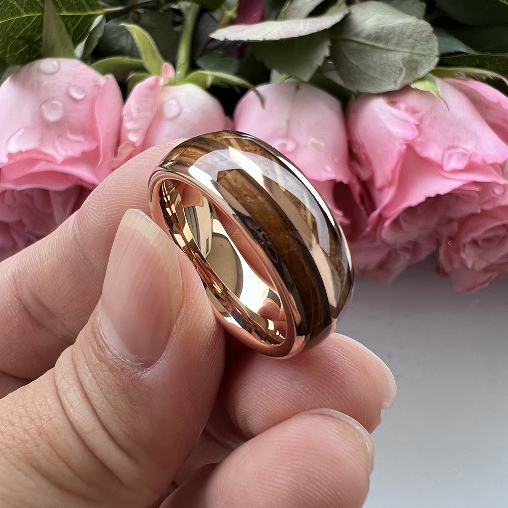 Whiskey Enchantment Ring - 8mm Rose Gold-Plated Tungsten Men's Ring with Dual Whiskey Barrel Wood Inlay – Unique Wedding Band