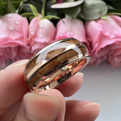 Whiskey Enchantment Ring - 8mm Rose Gold-Plated Tungsten Men's Ring with Dual Whiskey Barrel Wood Inlay – Unique Wedding Band