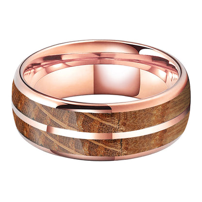 Whiskey Enchantment Ring - 8mm Rose Gold-Plated Tungsten Men's Ring with Dual Whiskey Barrel Wood Inlay – Unique Wedding Band