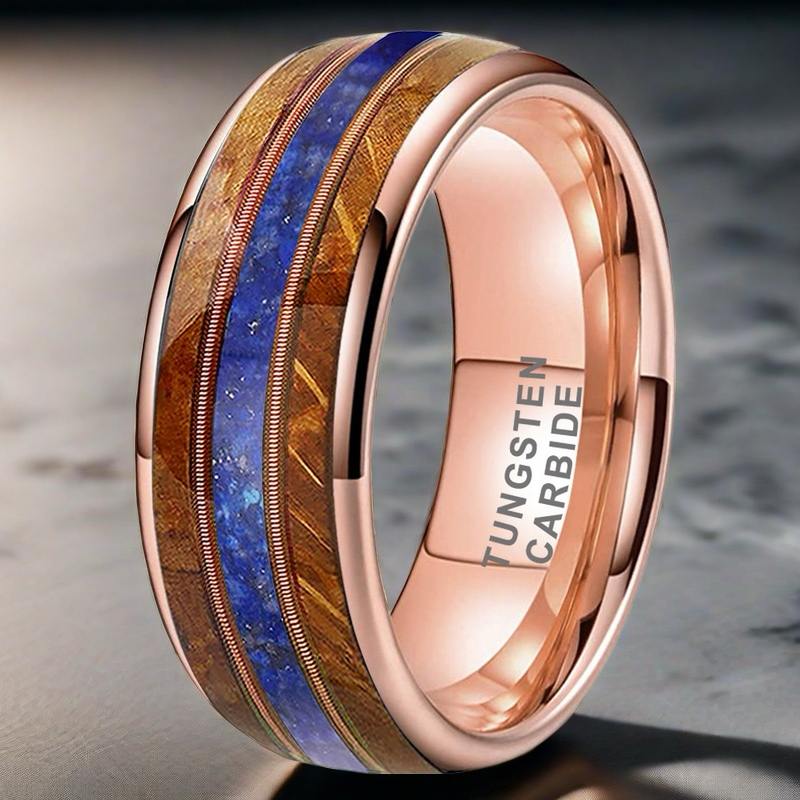 Musical Soul Ring - 8mm Rose Gold Tungsten Ring with Guitar Wood Inlay, Dual Strings & Lapis Lazuli – Men's Wedding Band