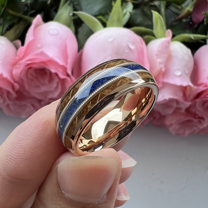 Musical Soul Ring - 8mm Rose Gold Tungsten Ring with Guitar Wood Inlay, Dual Strings & Lapis Lazuli – Men's Wedding Band