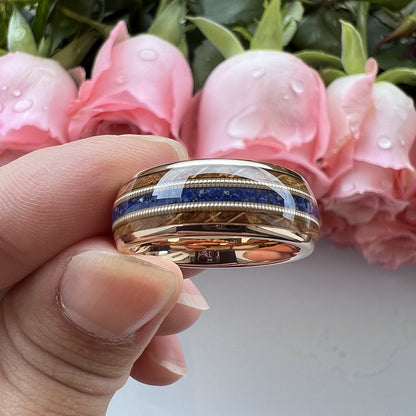 Musical Soul Ring - 8mm Rose Gold Tungsten Ring with Guitar Wood Inlay, Dual Strings & Lapis Lazuli – Men's Wedding Band