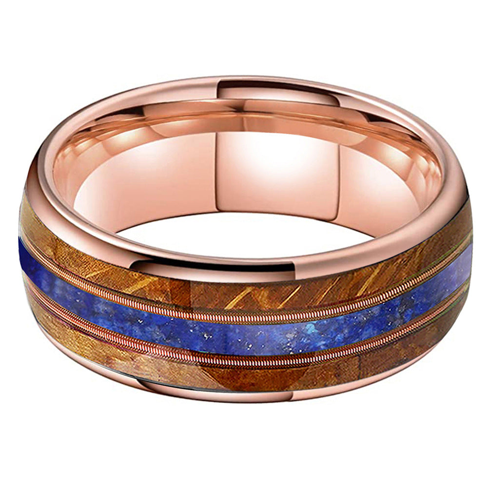 Musical Soul Ring - 8mm Rose Gold Tungsten Ring with Guitar Wood Inlay, Dual Strings & Lapis Lazuli – Men's Wedding Band