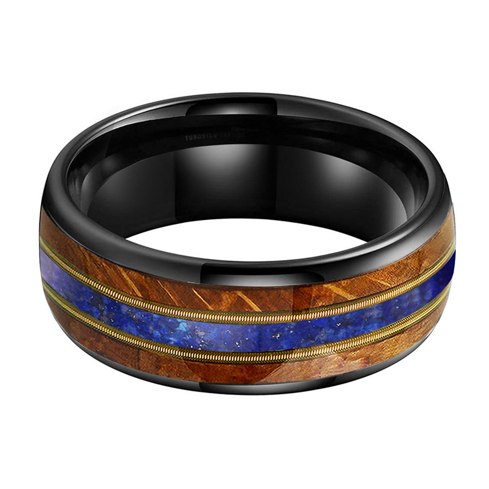 Musical Soul Ring - 8mm Black Tungsten Ring with Guitar Wood Inlay, Dual Strings & Lapis Lazuli – Men's Wedding Band