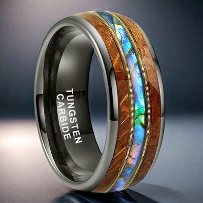 Musical Soul Ring - 8mm Gunmetal Tungsten Ring with Guitar Wood Inlay, Dual Strings & Shell Inlay – Men's Wedding Band