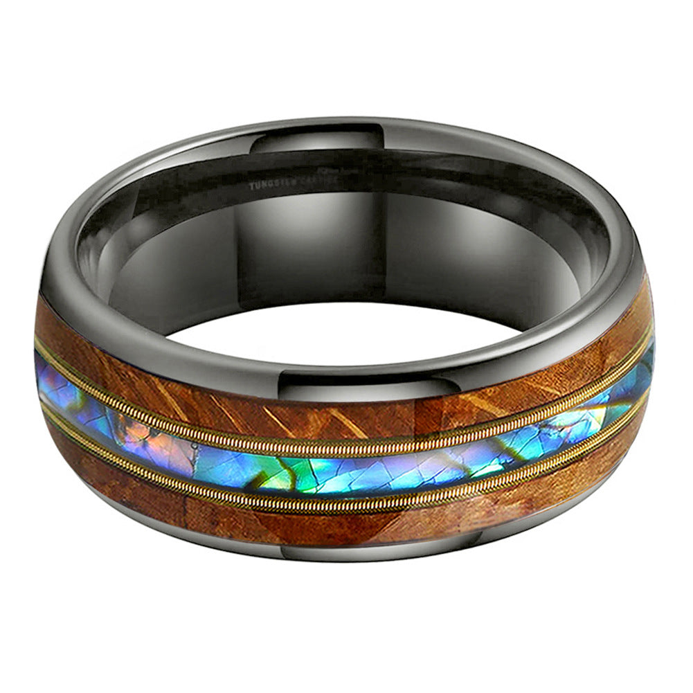 Musical Soul Ring - 8mm Gunmetal Tungsten Ring with Guitar Wood Inlay, Dual Strings & Shell Inlay – Men's Wedding Band