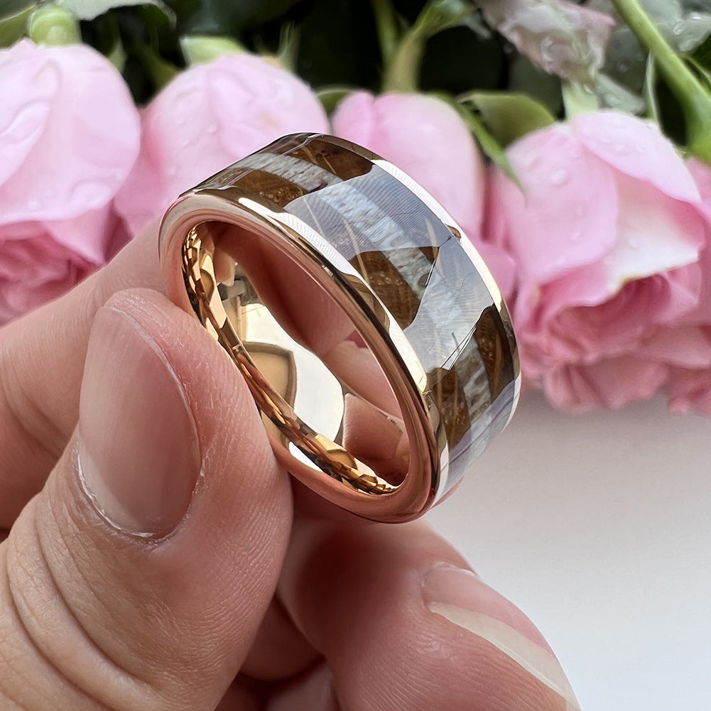 Whiskey Enchantment Ring - 8mm Rose Gold Tungsten Men's Ring with Whiskey Barrel Wood & Deer Antler Inlay – Unique Wedding Band