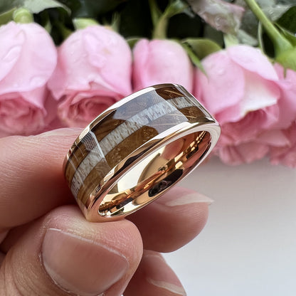 Whiskey Enchantment Ring - 8mm Rose Gold Tungsten Men's Ring with Whiskey Barrel Wood & Deer Antler Inlay – Unique Wedding Band