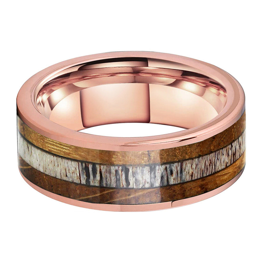 Whiskey Enchantment Ring - 8mm Rose Gold Tungsten Men's Ring with Whiskey Barrel Wood & Deer Antler Inlay – Unique Wedding Band