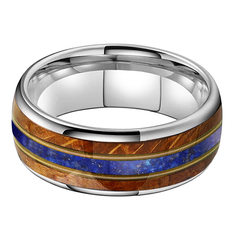 Musical Soul Ring - 8mm Platinum-Plated Tungsten Ring with Guitar Wood Inlay, Dual Strings & Lapis Lazuli – Men's Wedding Band