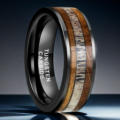 Whiskey Enchantment Ring - 8mm Black Tungsten Men's Ring with Whiskey Barrel Wood & Antler Inlay – Unique Wedding Band