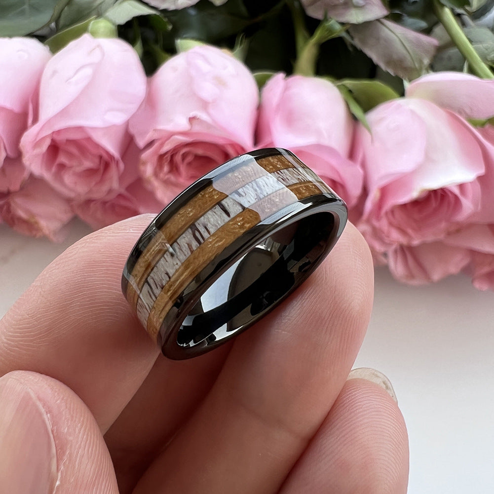 Whiskey Enchantment Ring - 8mm Black Tungsten Men's Ring with Whiskey Barrel Wood & Antler Inlay – Unique Wedding Band