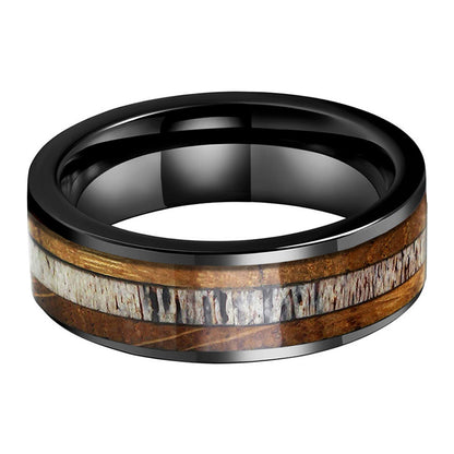 Whiskey Enchantment Ring - 8mm Black Tungsten Men's Ring with Whiskey Barrel Wood & Antler Inlay – Unique Wedding Band