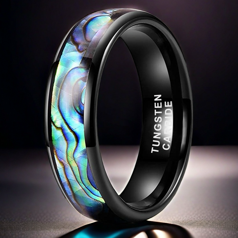 Nautical Voyage Ring - 4mm/6mm/8mm Black Tungsten Couple Rings with Abalone Shell Inlay – Matching Promise Rings