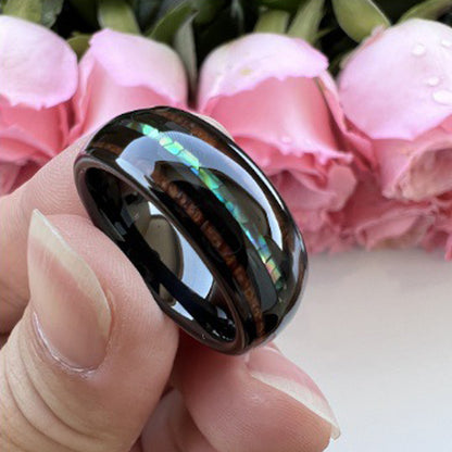 Nautical Voyage Ring - 8mm Black Tungsten Men's Ring with Rosewood Inlay & Shell – Unique Wedding Band