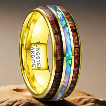 Nautical Voyage Ring - 8mm Gold-Plated Tungsten Men's Ring with Rosewood Inlay & Shell – Unique Wedding Band