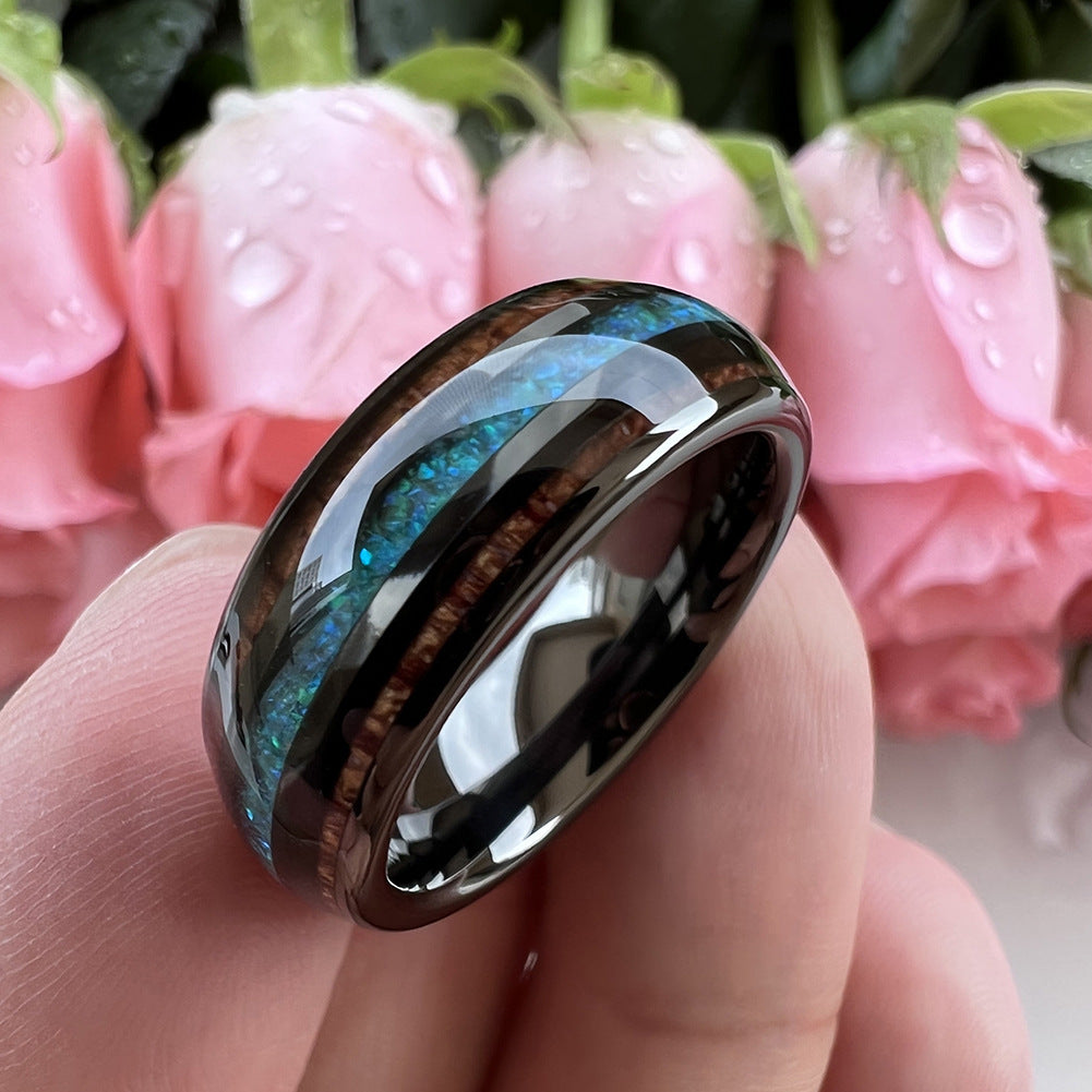 Nautical Voyage Ring - 8mm Gunmetal Tungsten Men's Ring with Rosewood Inlay & 3A Green Opal – Unique Wedding Band