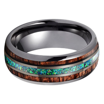 Nautical Voyage Ring - 8mm Gunmetal Tungsten Men's Ring with Rosewood Inlay & 3A Green Opal – Unique Wedding Band