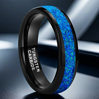 Nautical Voyage Ring - 4mm/6mm/8mm Black Tungsten Couple Rings with 3A Blue Opal Inlay – Matching His & Hers Bands