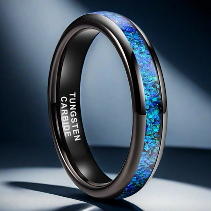 Nautical Voyage Ring - 4mm/6mm/8mm Black Tungsten Couple Rings with 3A Blue Opal Inlay – Matching His & Hers Bands