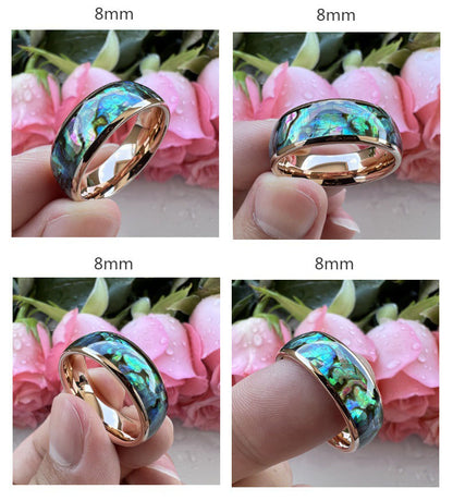 Nautical Voyage Ring - 4/6/8mm Rose Gold-Plated Tungsten Couple's Ring with Abalone Shell Inlay – Unique Matching Wedding Bands