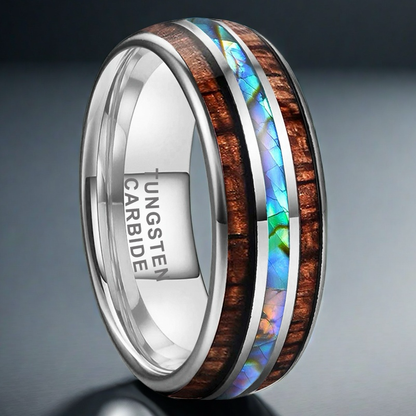 Nautical Voyage Ring - 8mm Platinum-Plated Tungsten Men's Ring with Rosewood Inlay & Shell – Elegant Wedding Band