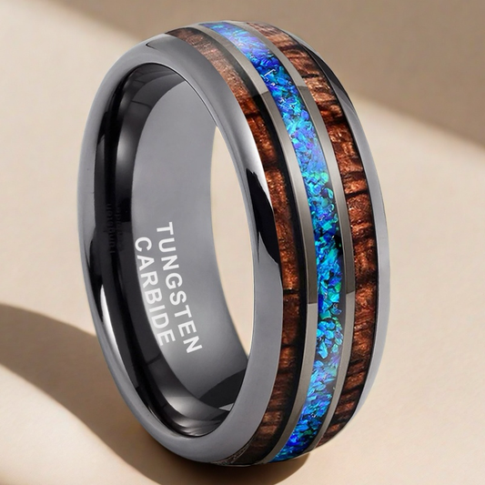 Nautical Voyage Ring - 8mm Gunmetal Tungsten Men's Ring with Rosewood Inlay & 3A Blue Opal – Unique Wedding Band