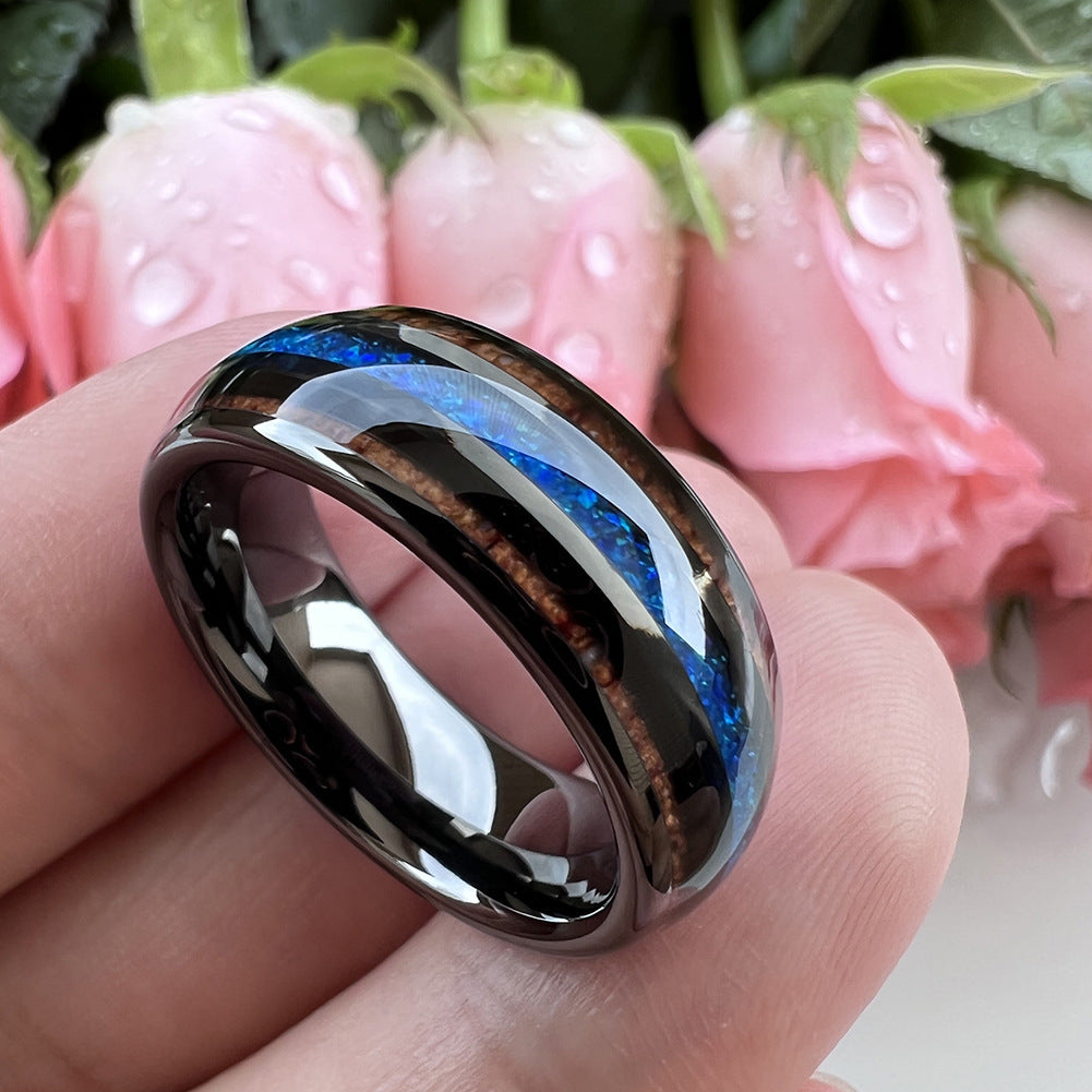 Nautical Voyage Ring - 8mm Gunmetal Tungsten Men's Ring with Rosewood Inlay & 3A Blue Opal – Unique Wedding Band