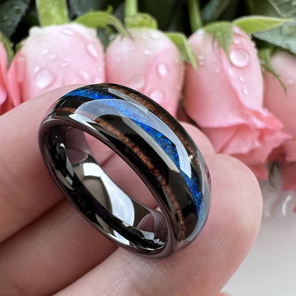 Nautical Voyage Ring - 8mm Gunmetal Tungsten Men's Ring with Rosewood Inlay & 3A Blue Opal – Unique Wedding Band