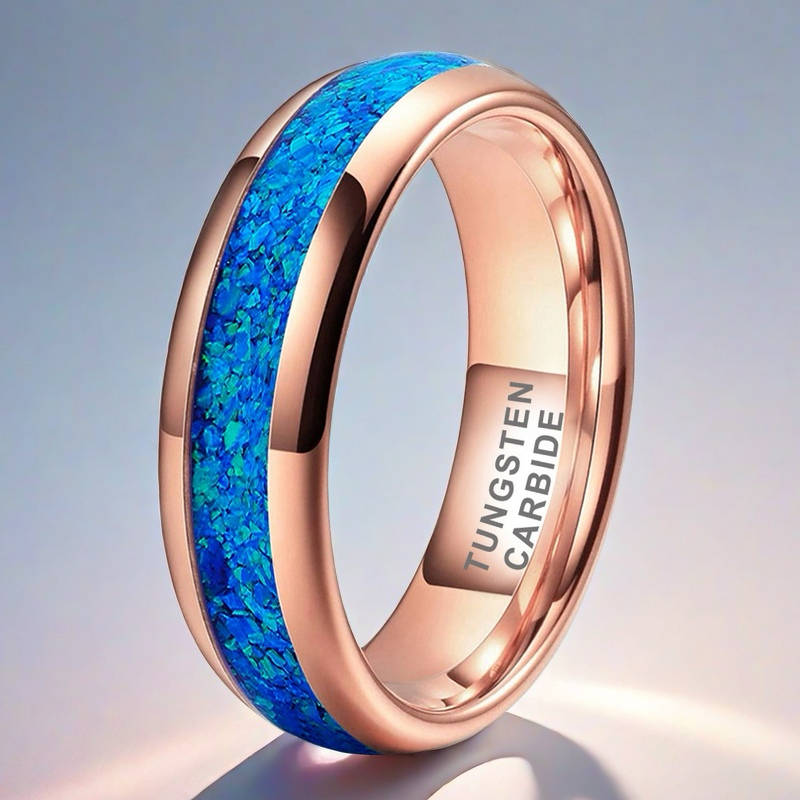 Nautical Voyage Ring - 6mm/8mm Rose Gold-Plated Tungsten Couples Ring with 3A Blue Opal Inlay – Unique Matching Wedding Bands