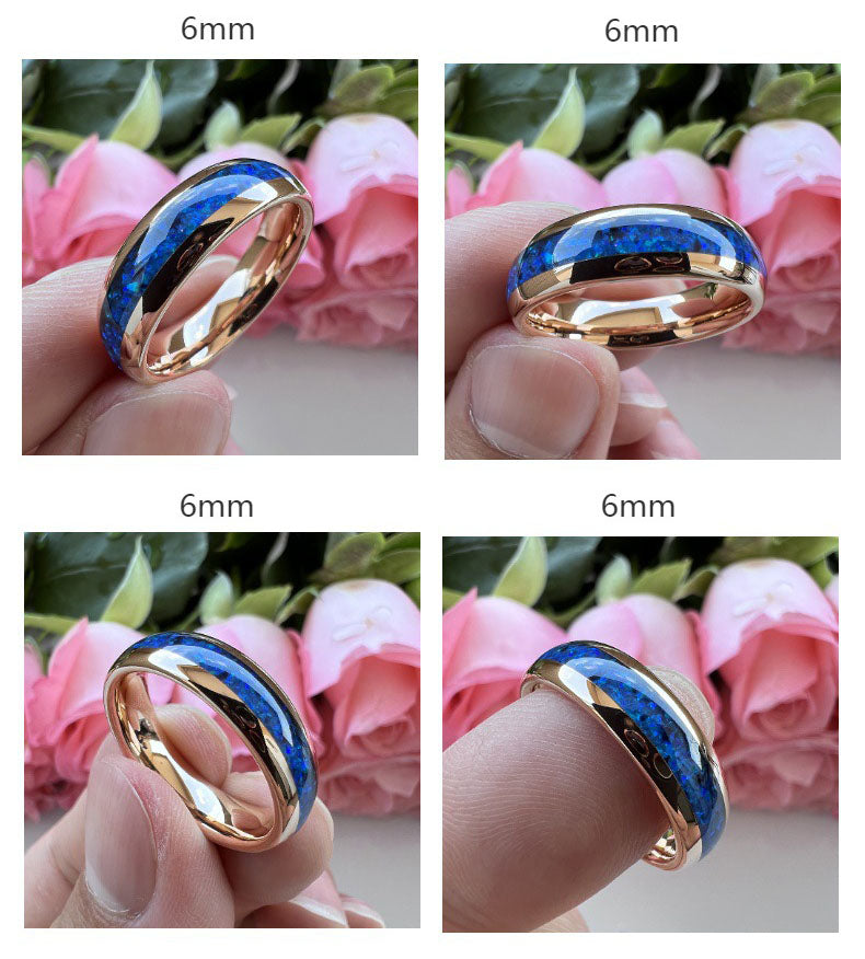 Nautical Voyage Ring - 6mm/8mm Rose Gold-Plated Tungsten Couples Ring with 3A Blue Opal Inlay – Unique Matching Wedding Bands