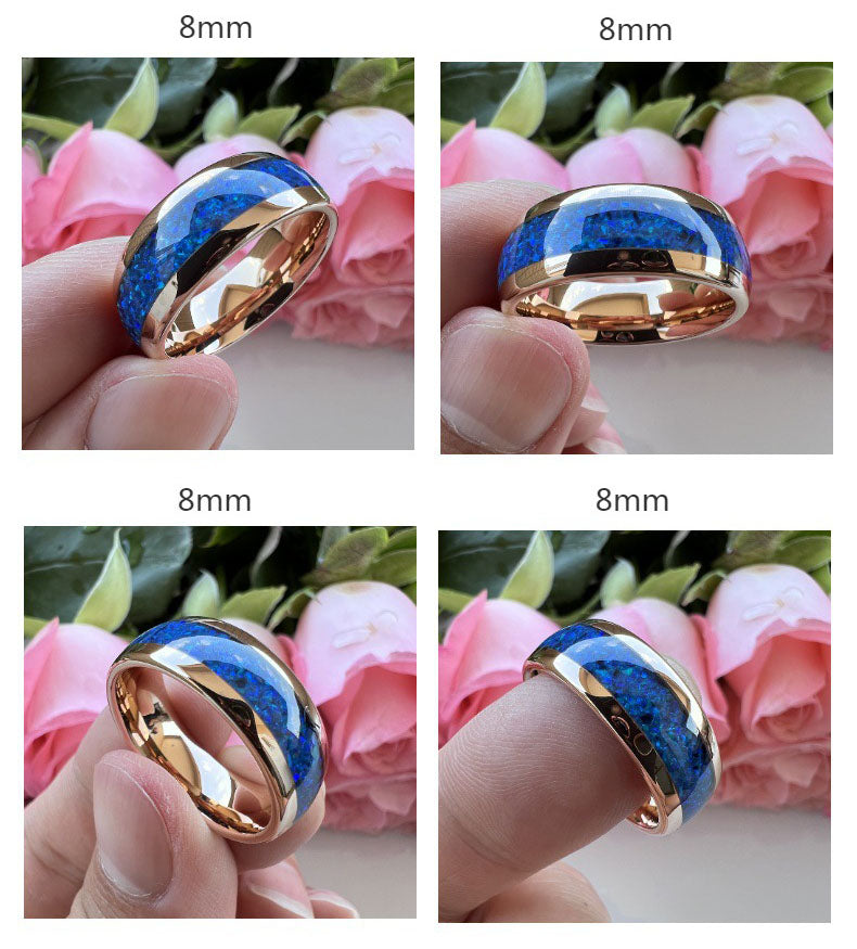 Nautical Voyage Ring - 6mm/8mm Rose Gold-Plated Tungsten Couples Ring with 3A Blue Opal Inlay – Unique Matching Wedding Bands