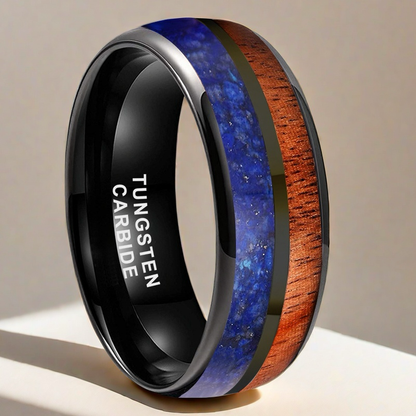 Heritage Architecture Ring - 8mm Black Tungsten Ring with Dual Grooves Inlay of Lapis Lazuli & Rosewood – Men's Wedding Band