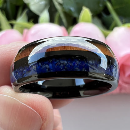 Heritage Architecture Ring - 8mm Black Tungsten Ring with Dual Grooves Inlay of Lapis Lazuli & Rosewood – Men's Wedding Band