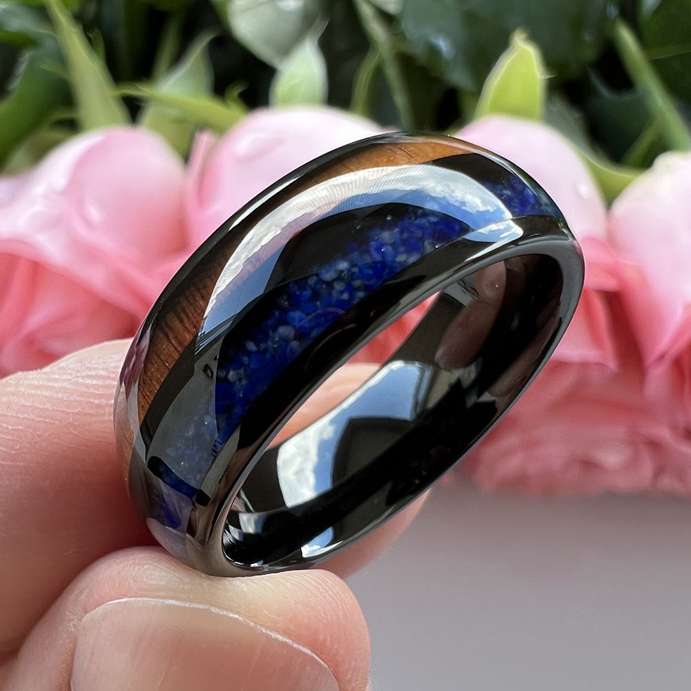 Heritage Architecture Ring - 8mm Black Tungsten Ring with Dual Grooves Inlay of Lapis Lazuli & Rosewood – Men's Wedding Band