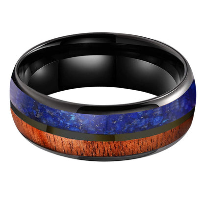 Heritage Architecture Ring - 8mm Black Tungsten Ring with Dual Grooves Inlay of Lapis Lazuli & Rosewood – Men's Wedding Band