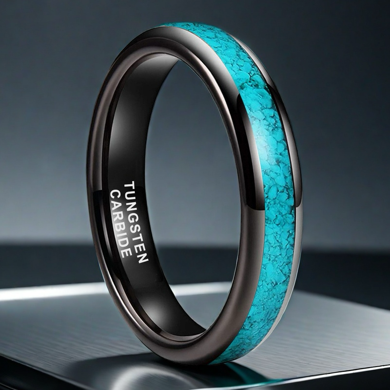 Heritage Architecture Ring - 4/6/8mm Black Tungsten Couple Rings with Crushed Turquoise Inlay