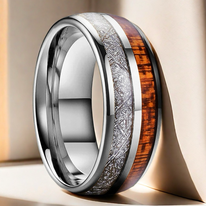 Heritage Architecture Ring - 8mm Platinum Tungsten Ring with Dual Silver Inlay & Rosewood Accent – Men's Wedding Band