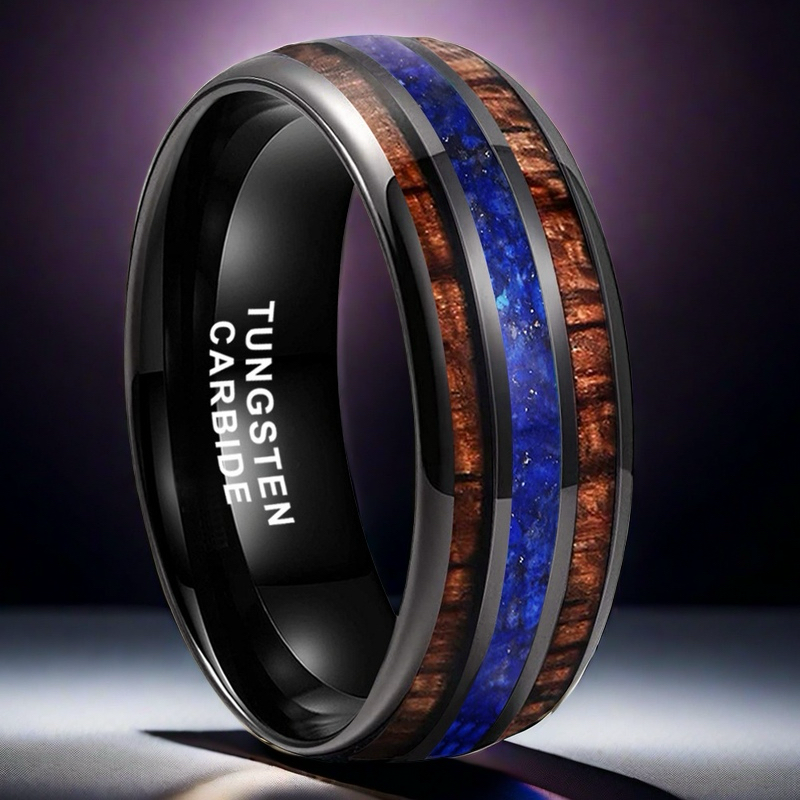 Heritage Architecture Ring - 8mm Black Tungsten Ring with Triple Grooves Inlay of Lapis Lazuli & Rosewood – Men's Wedding Band