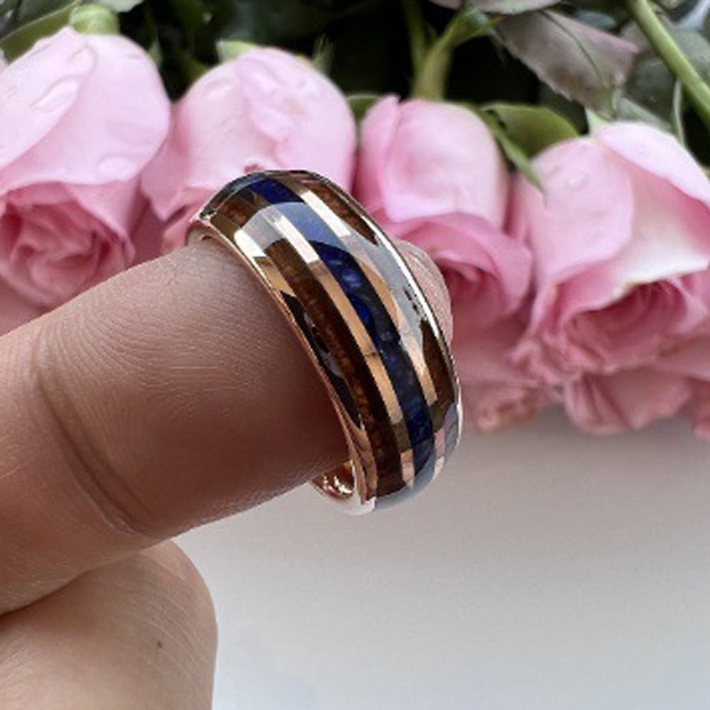 Heritage Architecture Ring - 8mm Rose Gold Tungsten Ring with Triple Grooves Inlay of Lapis Lazuli & Rosewood – Men's Wedding Band