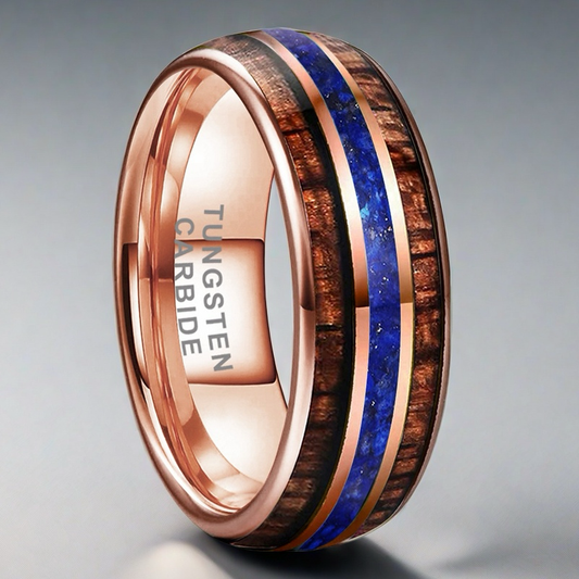 Heritage Architecture Ring - 8mm Rose Gold Tungsten Ring with Triple Grooves Inlay of Lapis Lazuli & Rosewood – Men's Wedding Band