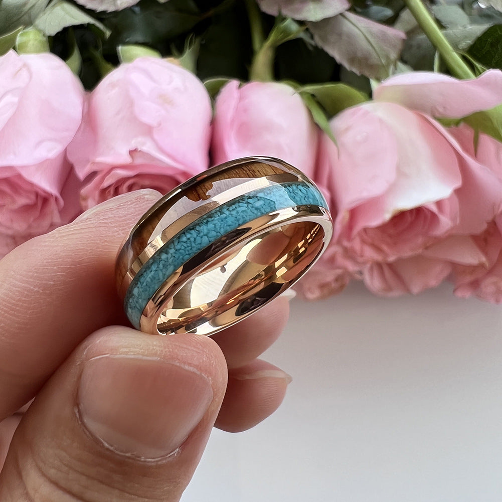 Heritage Architecture Ring - 8mm Rose Gold Tungsten Ring with Dual Inlays of Turquoise & Rosewood – Men's Wedding Band