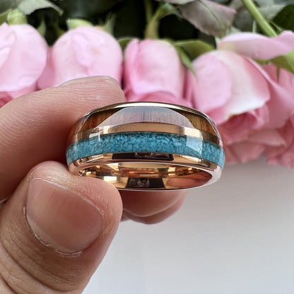 Heritage Architecture Ring - 8mm Rose Gold Tungsten Ring with Dual Inlays of Turquoise & Rosewood – Men's Wedding Band